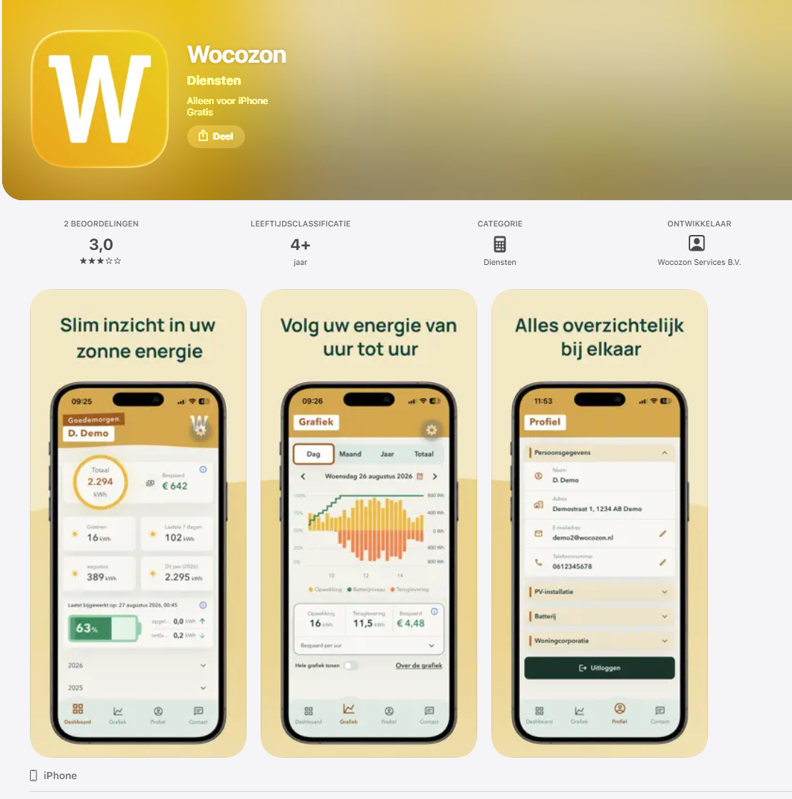 De Wocozon app in de App Store: schermen met inzicht in zonne-energie, verbruik en overzicht
